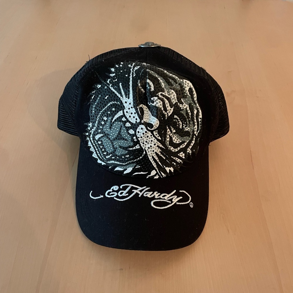 Ed Hardy Black Sequined Tiger Mesh Cap - Picture 2 of 3